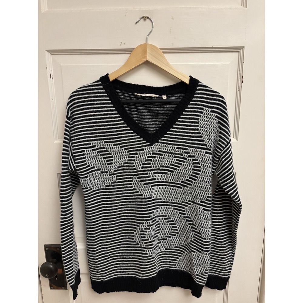 Soft Surroundings Women's V-Neck Sweater Black Stripe Cotton Wool Alpaca Small